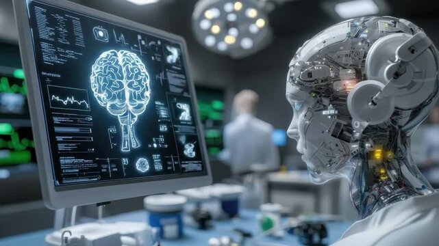 A Conceptual Medical Space Depicting Future Healthcare Innovations, Featuring AI-Powered Diagnosis And Robotic Surgery.