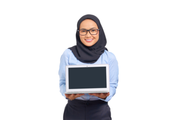 Portrait of smiling young Asian woman showing a blank screen of a laptop, with copy space for presenting product isolated on transparent background