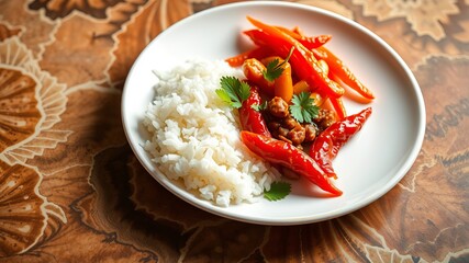 A delicious and healthy meal featu white rice and a vibrant stir-fry of roasted red peppers and savory tofu.