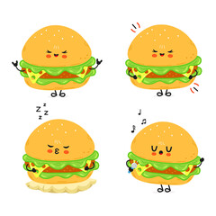 A set of four cute cartoon Burgers with different moods and facial expressions on a white backdrop.