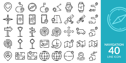 Navigation Travel Route Planning Editable Icons set. Vector illustration in modern line style of maps, directions, transport, and more. Isolated on transparent background.