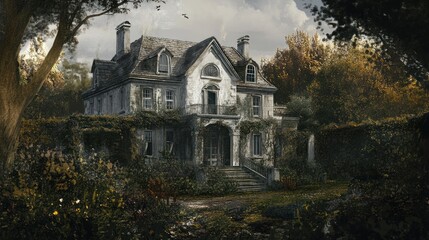 Obraz premium Abandoned Mansion in Autumn: A Haunting Image of Decay and Mystery