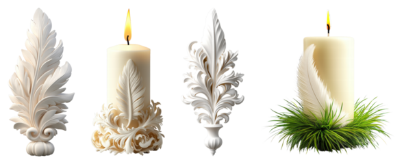 A carved candle shaped like a feather, glowing softly with intricate details, adding a touch of elegance to a rustic setting.