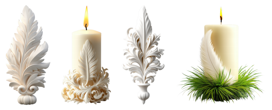 A carved candle shaped like a feather, glowing softly with intricate details, adding a touch of elegance to a rustic setting.