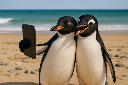 Cute Penguins Taking a Selfie on the Beach &ndash; Funny Animal Photo, Tropical Vibes
