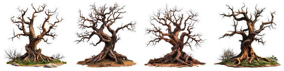 A massive, ancient dead tree with sprawling, tangled roots and broken branches on a transparent background. Its eerie silhouette resembles a haunted figure.