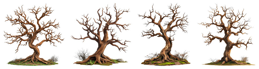 Fototapeta premium A withered, skeletal dead tree standing alone with no leaves, its dark silhouette creating an eerie, haunted forest feel on a transparent background.