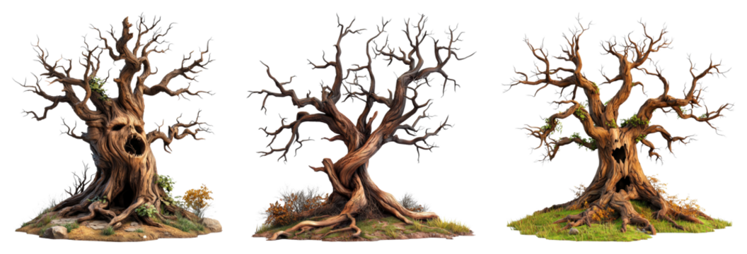 A terrifying dead tree with tangled roots and a face-like formation in its trunk, giving a cursed, ghostly appearance, isolated on a transparent background.