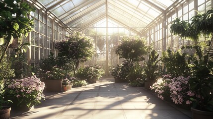 Obraz premium Greenhouse interior plants flowers light architecture botanical garden conservatory glasshouse design space
