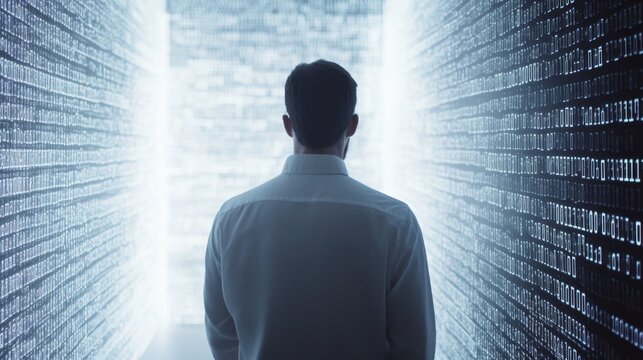 Cryptographer decoding intricate ciphers on advanced digital display.