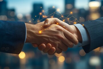 Two hands shaking, connected by glowing network