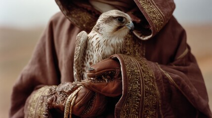 A majestic falcon sits perched gently on a glove, wrapped in richly embroidered fabric, symbolizing strength and grace in the desert landscape.