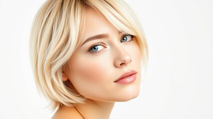 Fototapeta premium A young woman with blonde bob haircut and blue eyes poses against a bright white background for a beauty portrait.