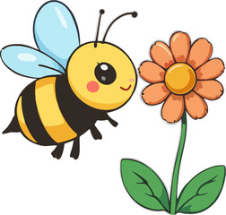 Cute Chibi Bee Flying Toward Orange Flower – Cartoon Vector Illustration with Bright Colors and Blue Wings for Kids and Spring Designs
