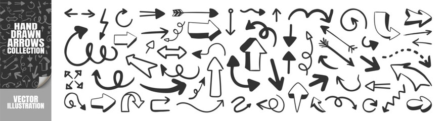 Hand Drawn Arrow Vector Set. Doodle Sketch Arrows, Curved Lines, Brush Marker Icons for Business, Education and Process Direction on Transparent Background