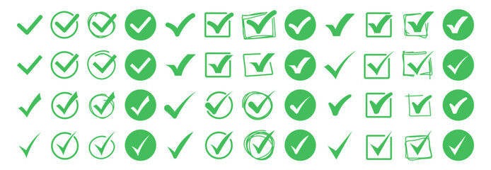 Hand Drawn Check Mark Icon Set. Green Tick Symbols in Circle and Square Shapes, Vector Approval Buttons and Checkboxes on Transparent Background