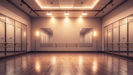 Spacious Dance Studio with Wooden Floor and Soft Lighting Featuring Large Mirrors and Modern Design