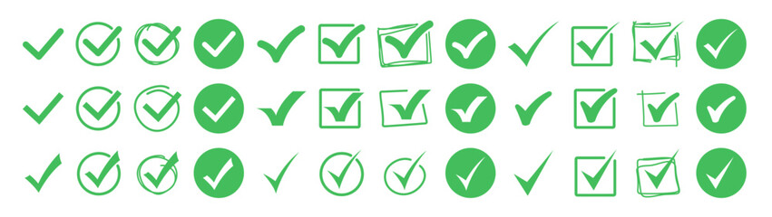 Vector Checkmark Icons Collection. Hand Drawn Green and Black Ticks in Boxes and Circles, Doodle Style Approval Symbols