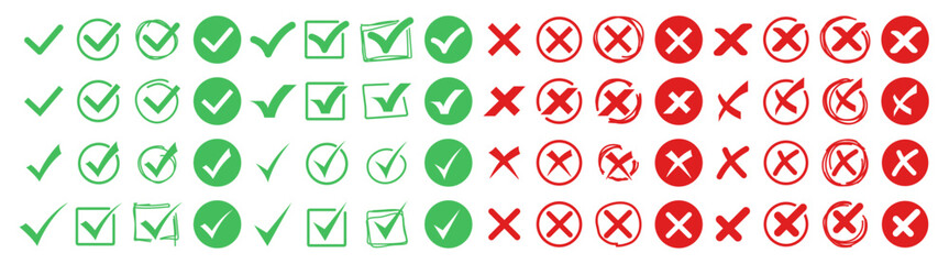 Hand Drawn Check and Cross Mark Icon Set. Green Tick and Red X Symbols, Doodle Style Right and Wrong Buttons, Checkbox Elements with Transparent Background