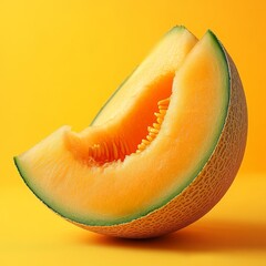 Fresh Cantaloupe Slice, Isolated on Vibrant Yellow Background, Textured, Juicy, and Ready to Eat.