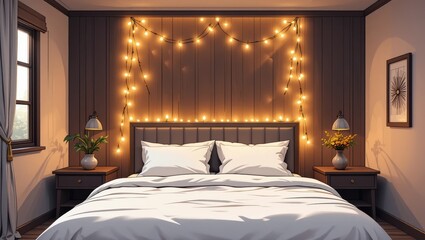 Cozy Bedroom with Warm Decorative Lights and Modern Furnishings in a Relaxing Atmosphere