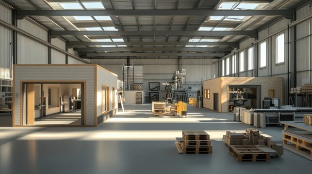 Modern, well-lit industrial warehouse space with offices and storage