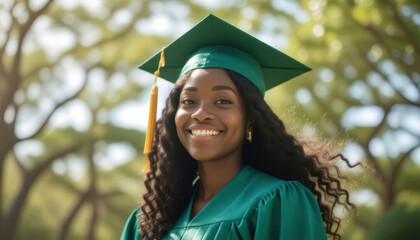 Happy Young African American Woman in Graduation Gown and Cap
