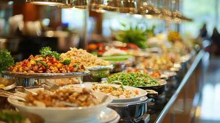 Obraz premium Buffet-style food display with various dishes.
