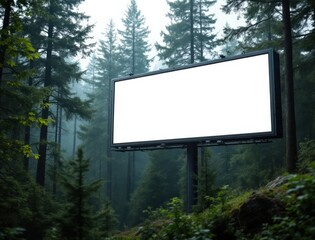 Fototapeta premium Large blank billboard stands amid dense forest trees, surrounded by mist and greenery.