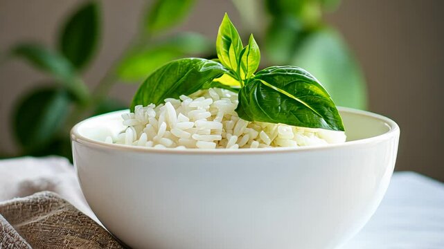Steaming bowl of jasmine rice adorned with fresh basil leaves in natural light.