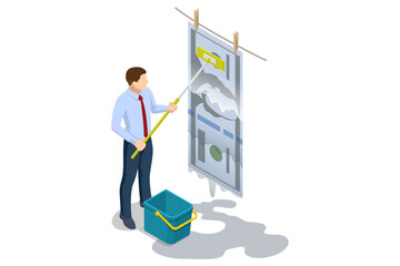 Isometric man hanging dollar bills on a line after washing them, representing the metaphor of money laundering and financial crime. AML Anti money laundering financial. Illegal money metaphor