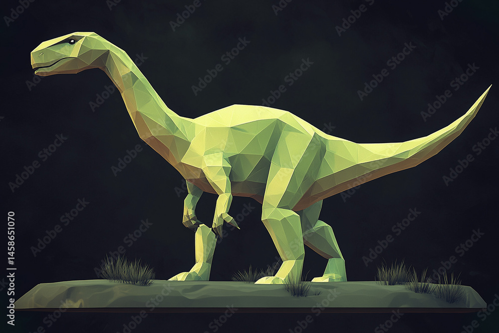 Poster low-poly dinosaur model with distinct edges that create the effect of a retro game or digital art