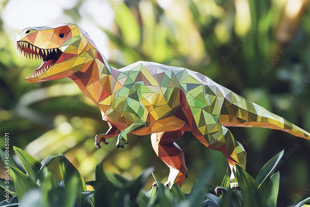 Poster low-poly dinosaur model with distinct edges that create the effect of a retro game or digital art