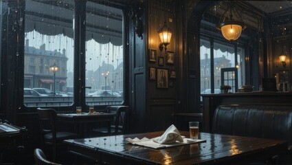 Cozy Restaurant Interior with Dark Wood Decor and Rainy Window View in an Urban Setting