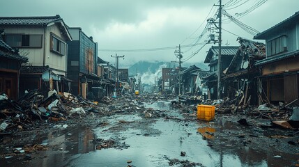 Realistic photograph of a street after an earthquake in Japan. The buildings have collapsed and are covered in rubble, and the streets are flooded with water.