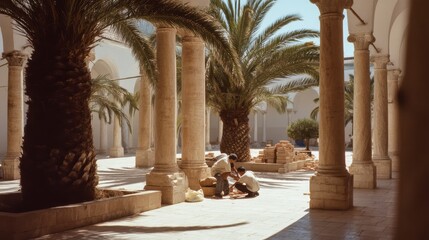 Fototapeta premium A serene courtyard with palm trees and ancient columns, where two people work quietly under warm sunlight, evoking a sense of timeless tranquility.