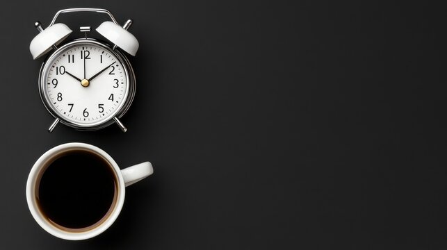Classic alarm clock and coffee cup on dark background