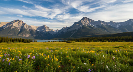 Fototapeta premium Stunning Mountain Meadow Landscape: Wildflower Field and Majestic Peaks