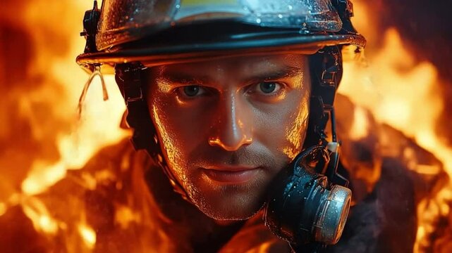 Brave Resolve: A valiant firefighter stands steadfast amidst the inferno, a portrait of courage and determination in the face of danger.