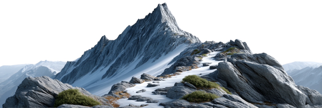 Mountain peak with rugged terrain and snow, set against a dark background. Png, Isolated on background.