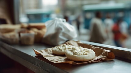Soft bread topped with fresh cheese sits on a paper-lined tray in a bustling street market, hinting at the delights of street food.