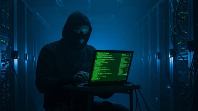 Hacker Working on Laptop in Server Room - A hooded figure, masked and cloaked in shadow, sits in a dimly lit server room