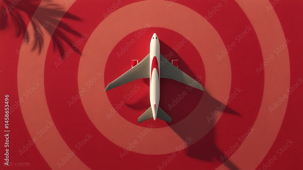 Poster airplane model positioned on vibrant red background with circular pattern creating a striking visual