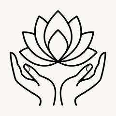 Hands Holding Lotus Flower Icon – Line Art Symbol of Purity, Enlightenment, and Rebirth