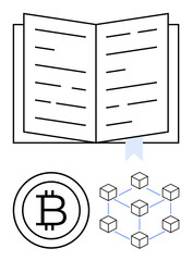 Open book with text lines and ribbon bookmark alongside Bitcoin logo and blockchain network of connected cubes. Ideal for cryptocurrency, fintech, education, technology, innovation, decentralized
