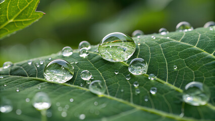 Close-up macro shot of transparent water droplets resting on a fresh green leaf, highlighting surface tension and natural beauty