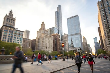 Naklejka premium City walkers in blurred background chicago urban lifestyle scene evening light