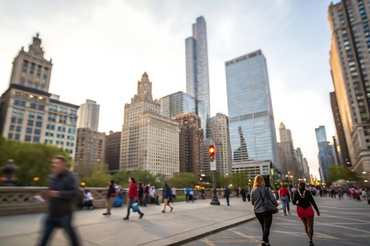City walkers in blurred background chicago urban lifestyle scene evening light