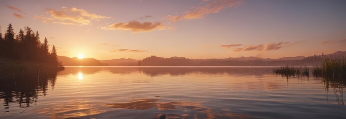 Obraz premium Serene sunset reflecting on still lake waters, orange, landscape, water