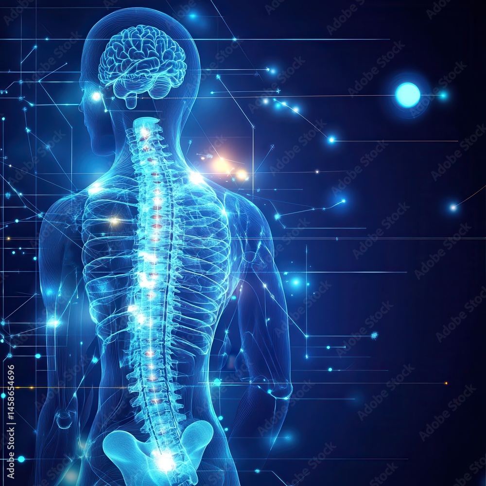 Poster hyperrealistic anatomical back view of human spine with brain visualization digital art technology g
